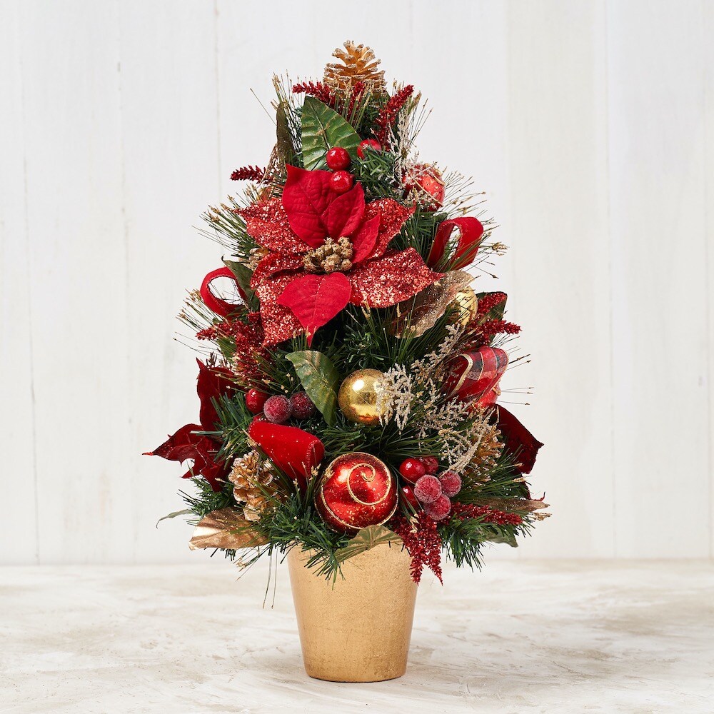 22&#x22; Red Poinsettia Cone Tree w/ Pot - Handcrafted Christmas Decorations - Holiday Tree