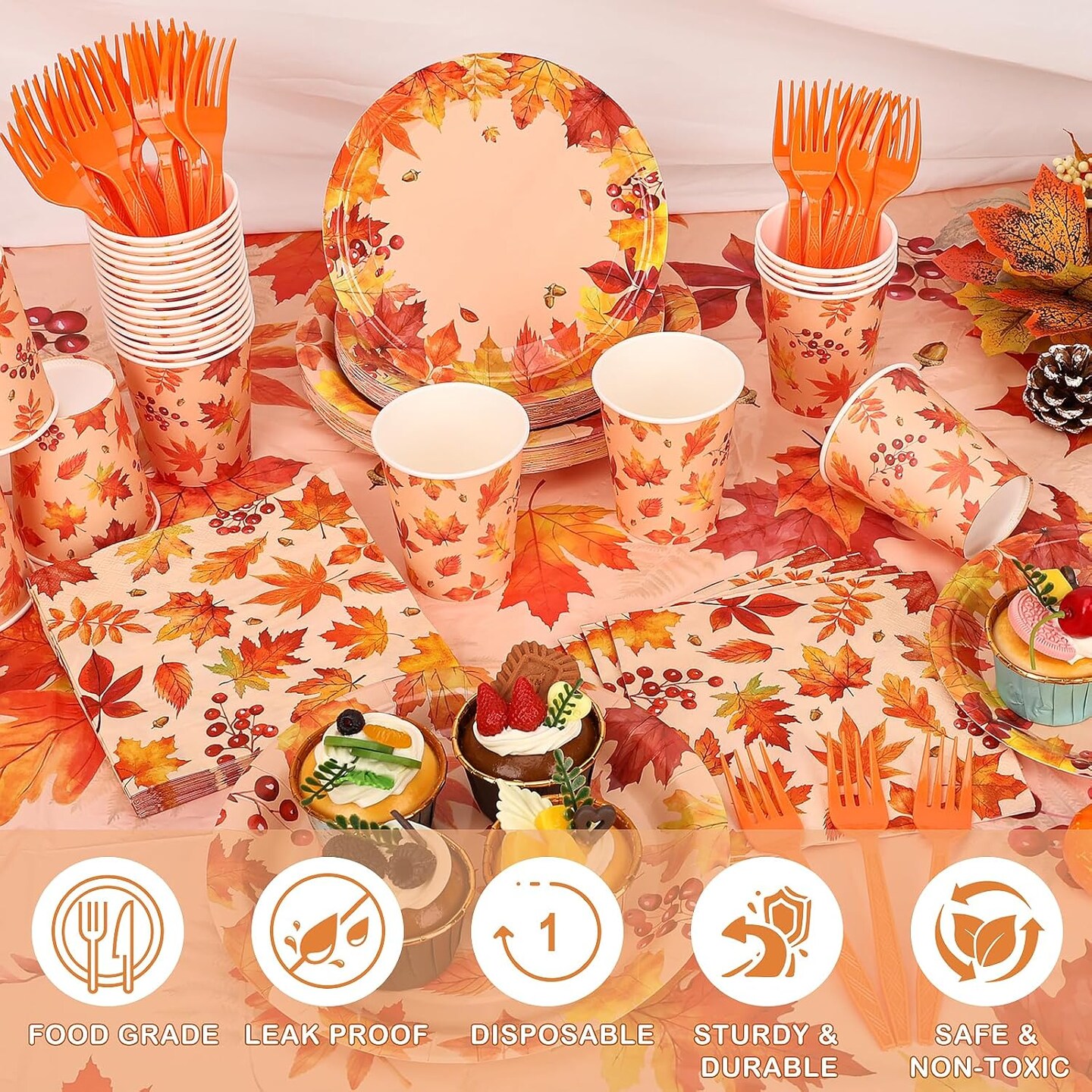 Serves 25 -Thanksgiving Party Supplies, Thanksgiving Paper Plates and Napkins Cups Tablecloth