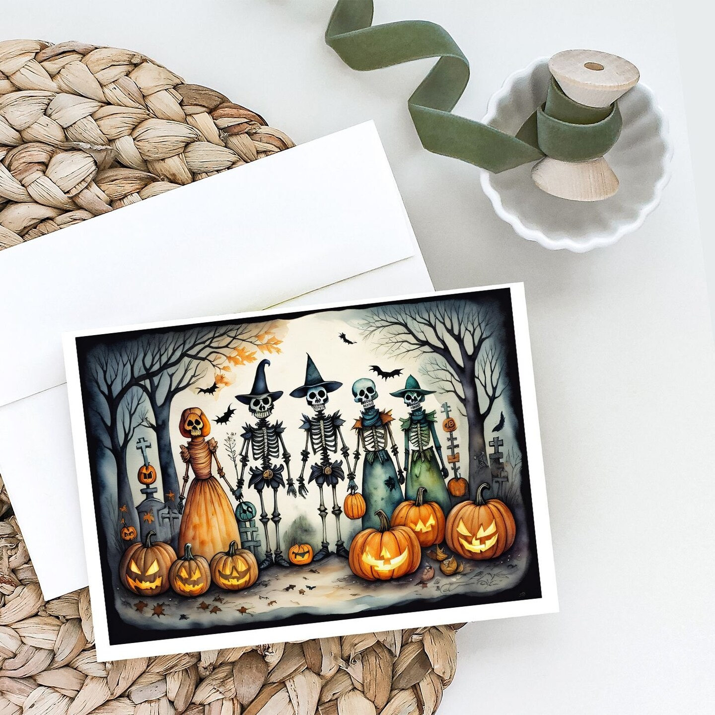 Edge Collections - 5&#x22; x 7&#x22; - Multicolor - Calacas Spooky Skeleton Halloween Greeting Cards - 8 Pieces