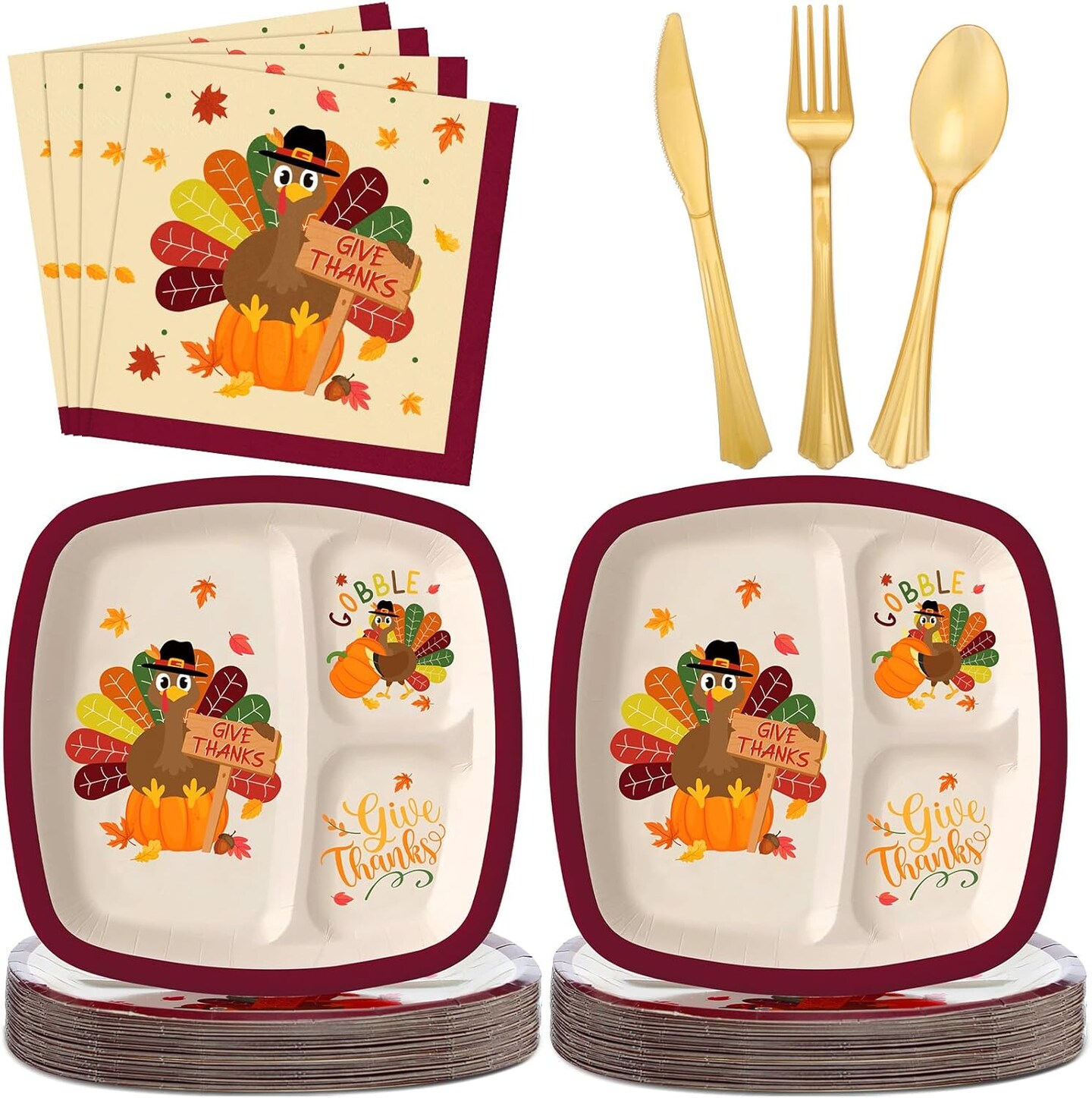 150 Pcs Thanksgiving Turkey Divided Paper Plates (warm color)