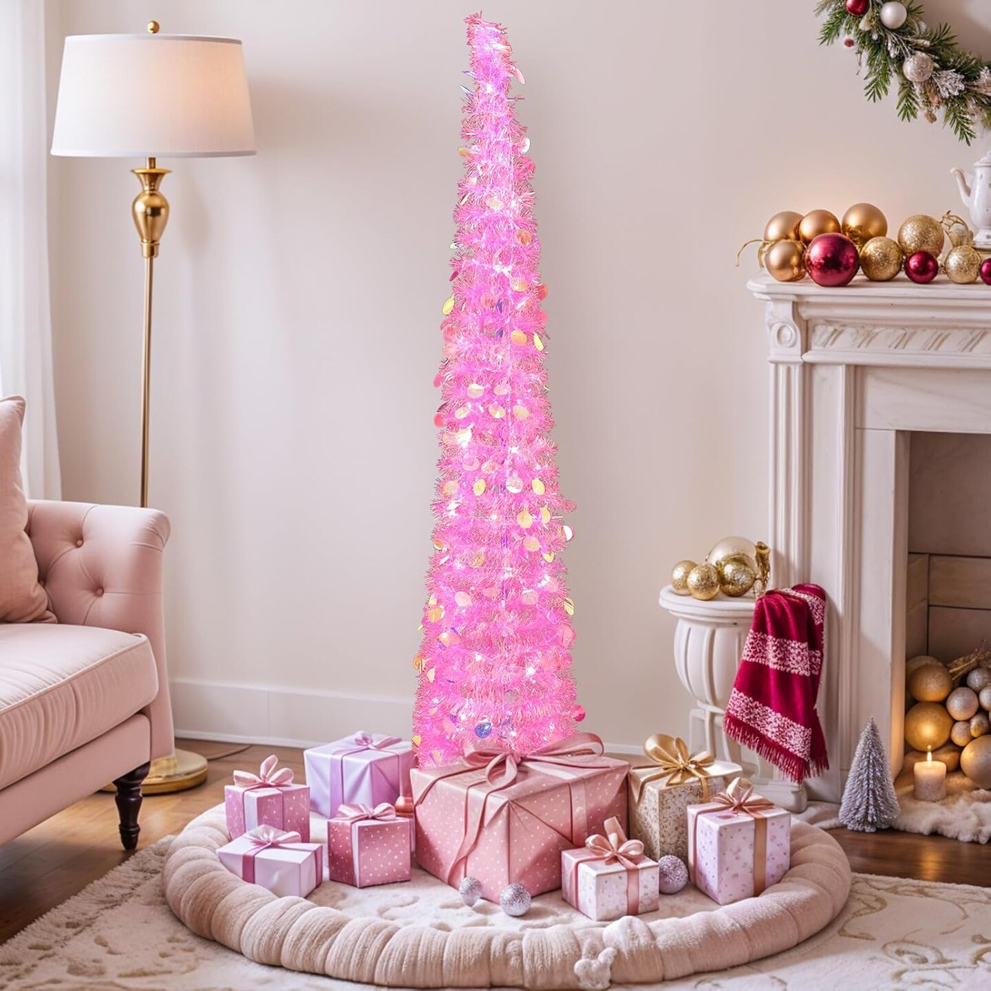 5 FT Pink Pop Up Christmas Tree with 60 LED Lights (Pink) 11.81"D x 70.87"W x 11.81"H