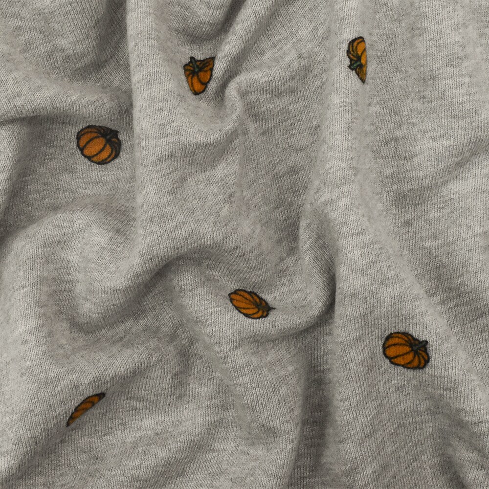Heather Gray-Orange-Multi Pumpkin Printed Cotton French Terry Knit Fabric By the Yard