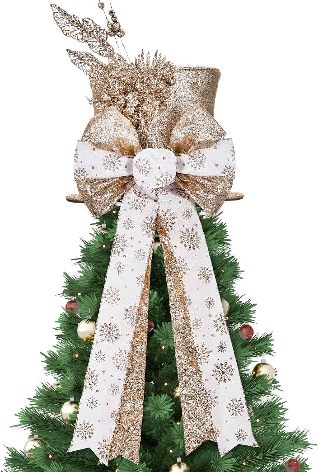 Christmas Tree Topper - Shiny Sequins Top Hat with Bow (Gold)
