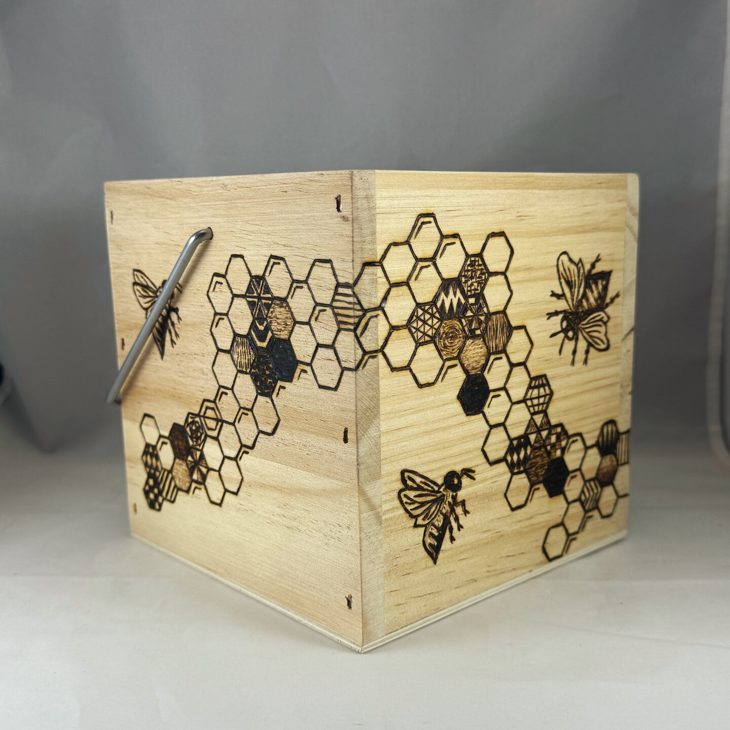 Honeybee Honeycomb Hexagons Square Wood Box w Handle, Pyrography