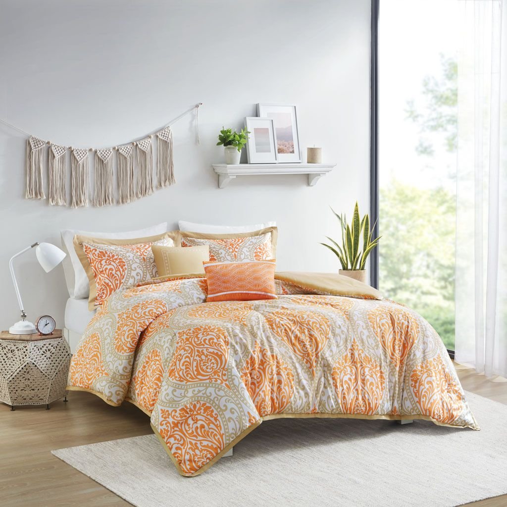 Edge Collections - 26" x 20" - Orange - Intelligent Design Full Queen Senna Comforter - 5 Pieece