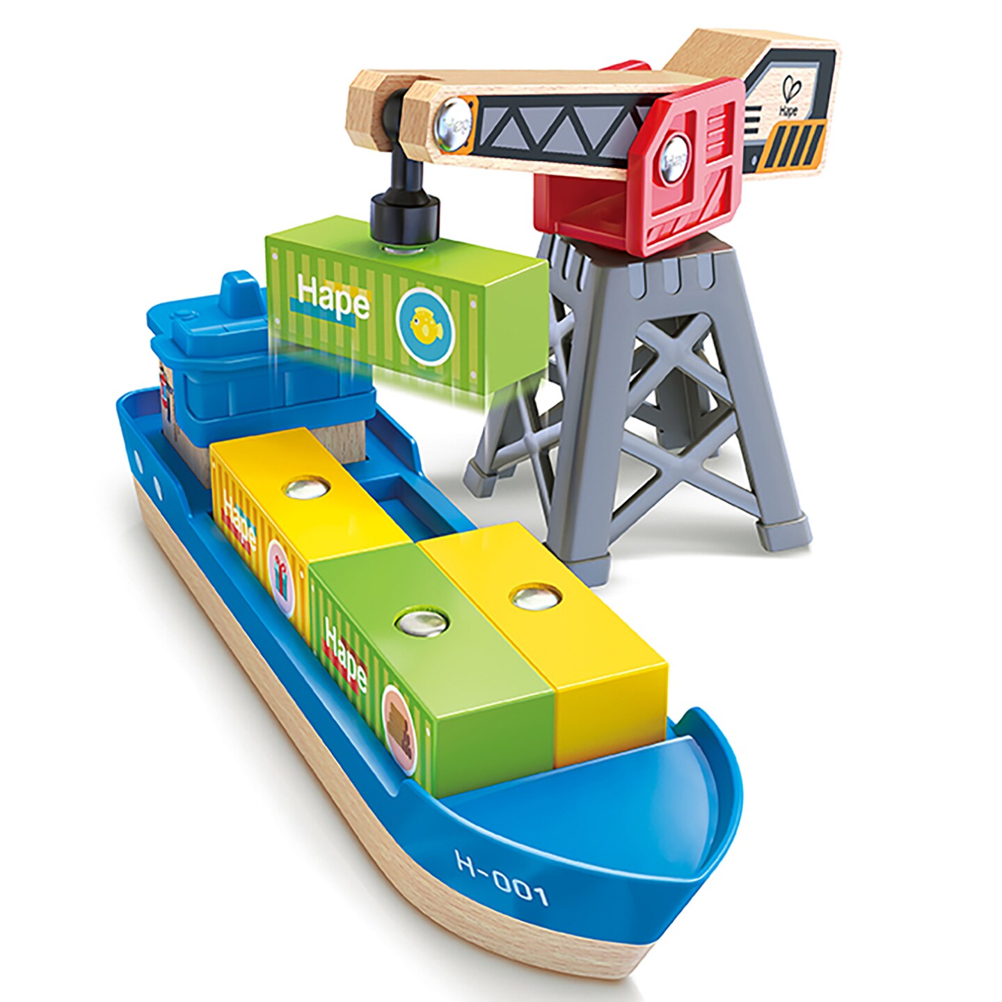 Hape: Cargo Ship &#x26; Crane - 6 pc Train Playset, Functional Crane, Wooden Toy, Magnetic Linking, Cargo Accessories, Push &#x26; Pull, Kids Ages 3+