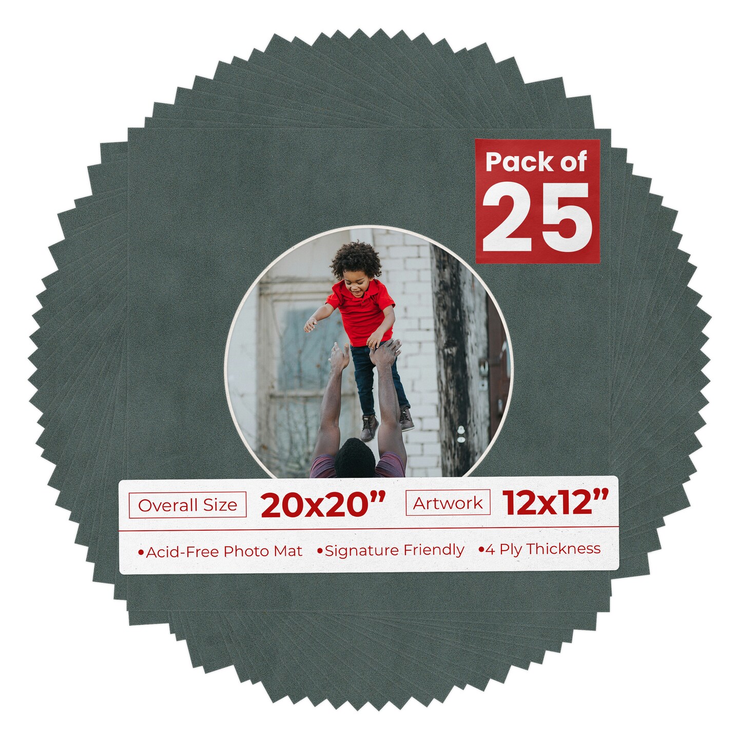 Dark Grey Suede Mat Board for 20x20 Frames - Circle Opening for 12x12 Photos