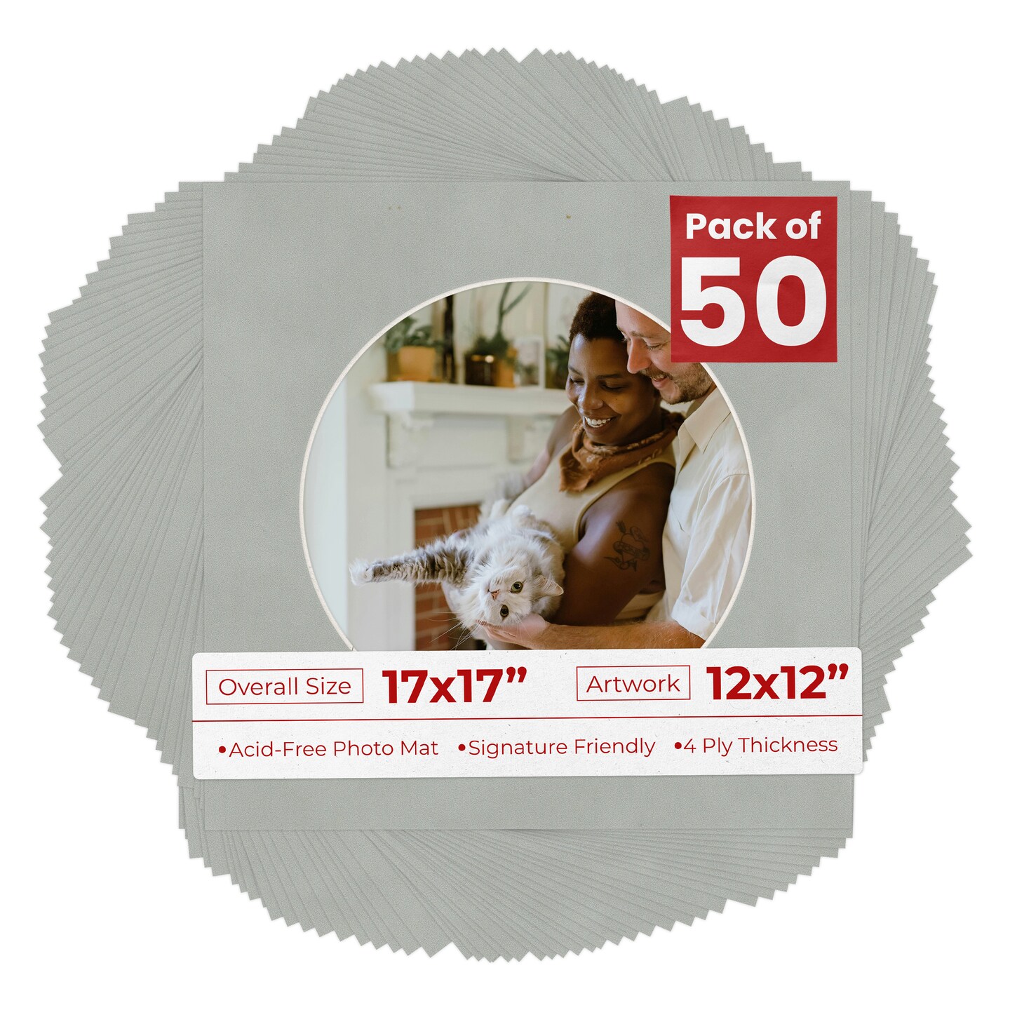 Light Grey Suede Mat Board for 17x17 Frames - Circle Opening for 12x12 Photos