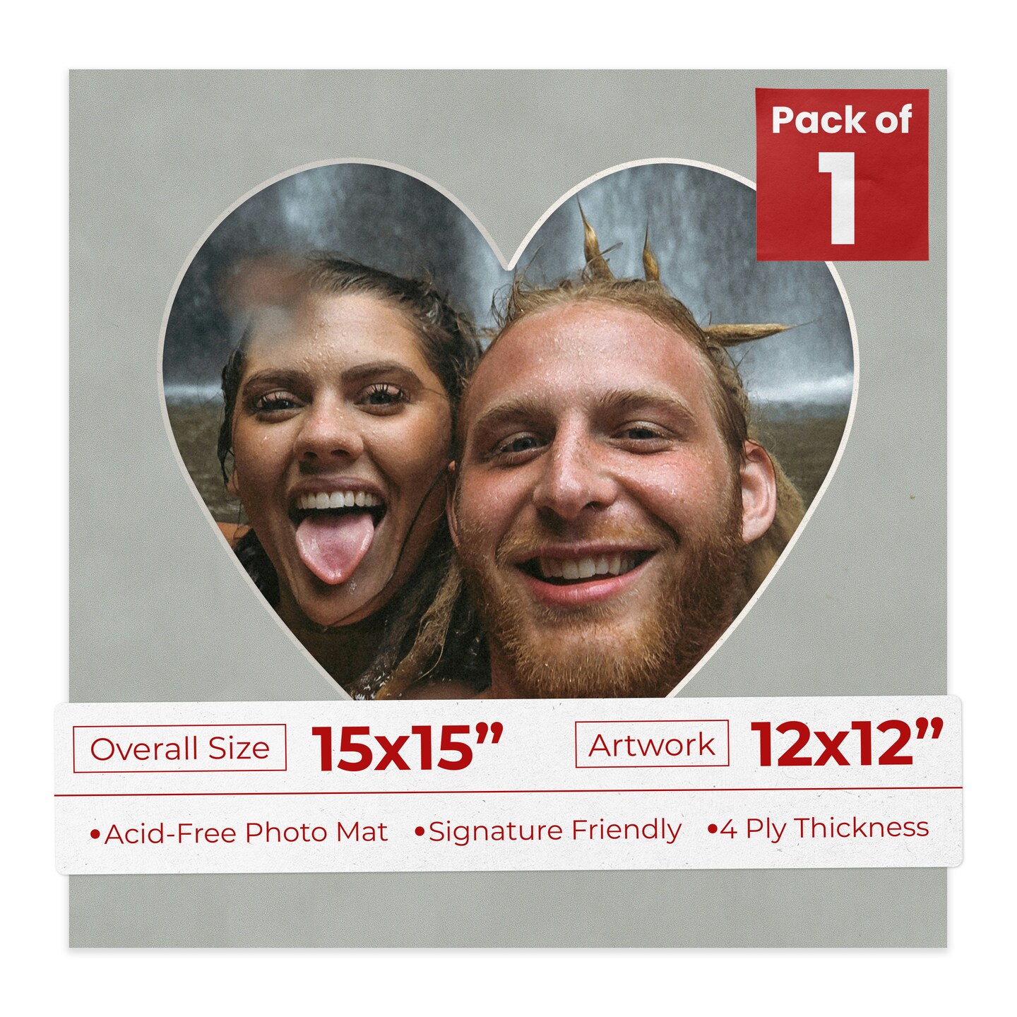 Light Grey Suede Mat Board for 15x15 Frames - Heart Opening for 12x12 Photos