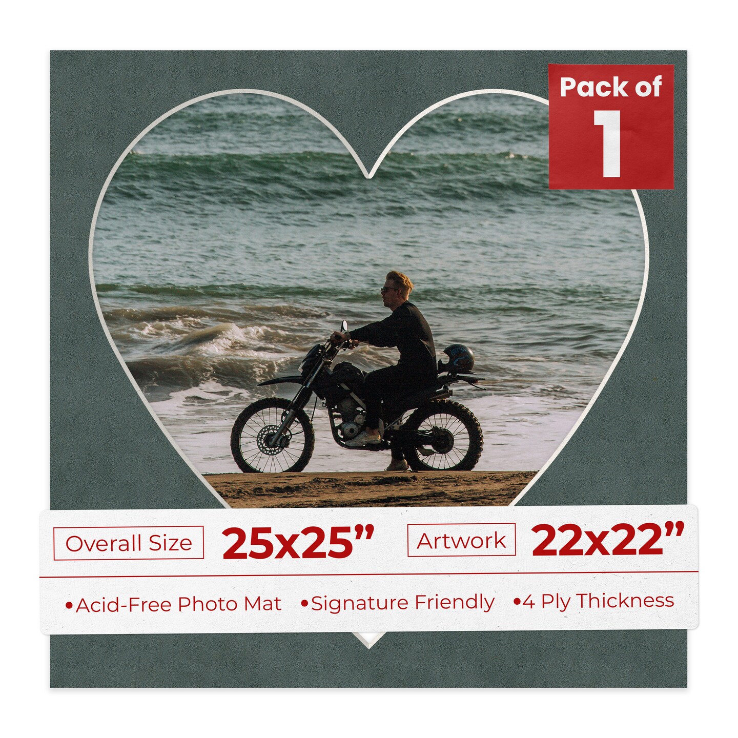 Dark Grey Suede Mat Board for 25x25 Frames - Heart Opening for 22x22 Photos