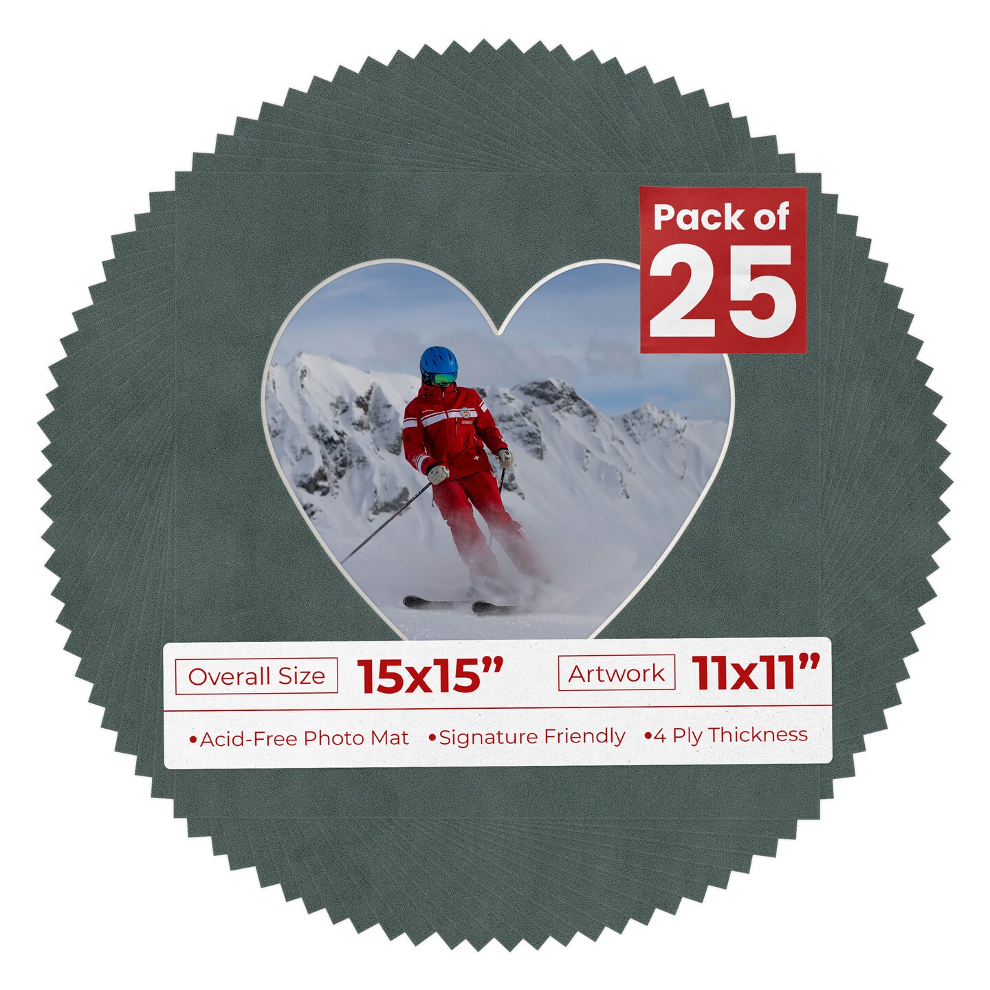 Dark Grey Suede Mat Board for 15x15 Frames - Heart Opening for 11x11 Photos