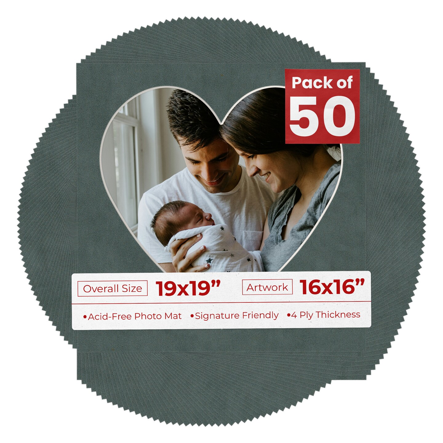 Dark Grey Suede Mat Board for 19x19 Frames - Heart Opening for 16x16 Photos