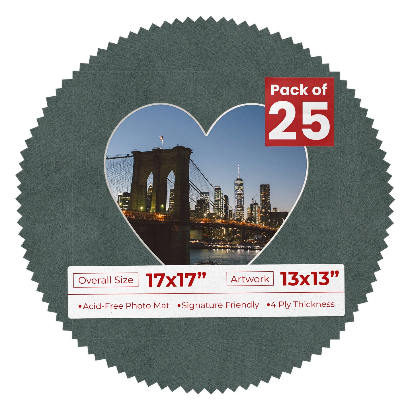 Dark Grey Suede Mat Board for 17x17 Frames - Heart Opening for 13x13 Photos