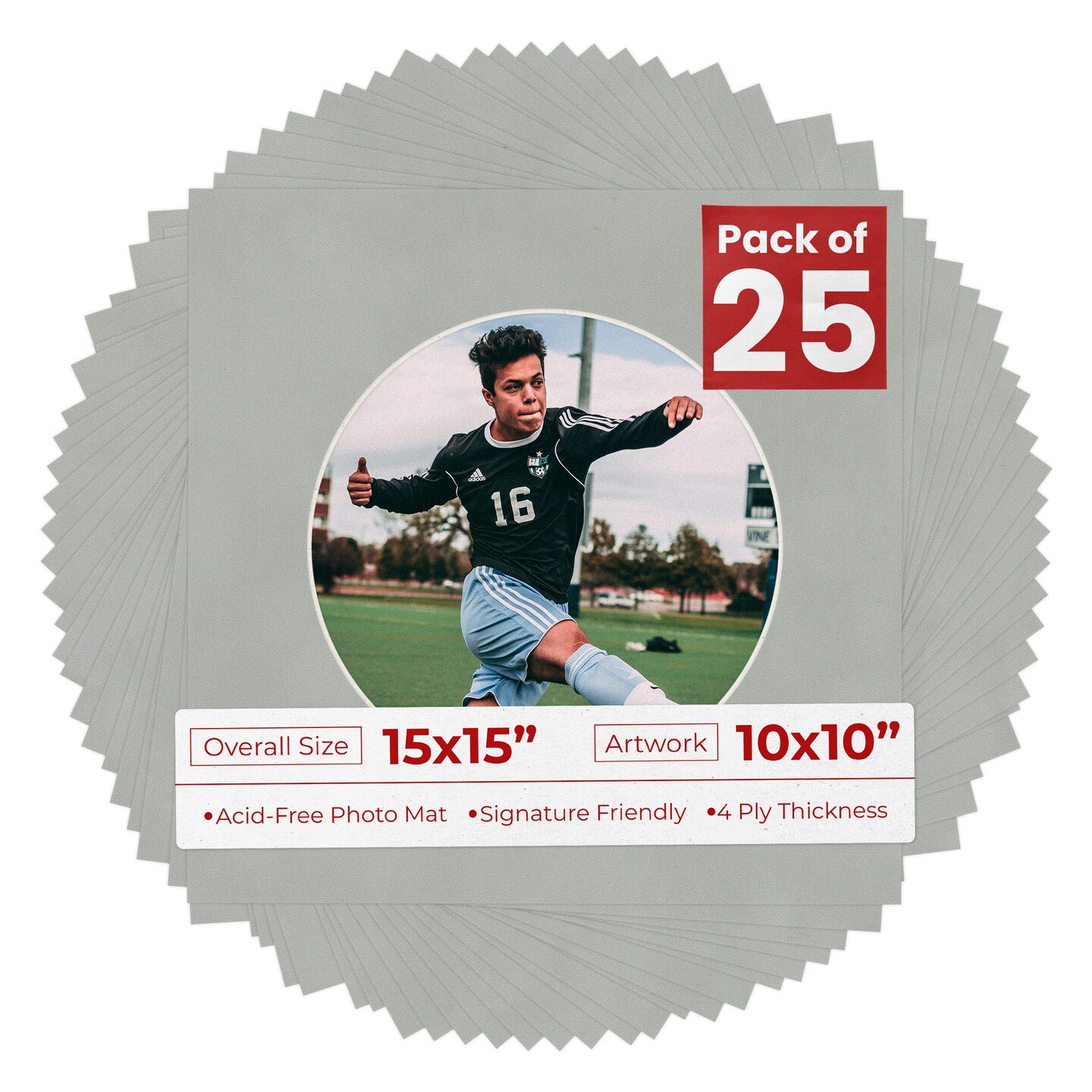 Light Grey Suede Mat Board for 15x15 Frames - Circle Opening for 10x10 Photos
