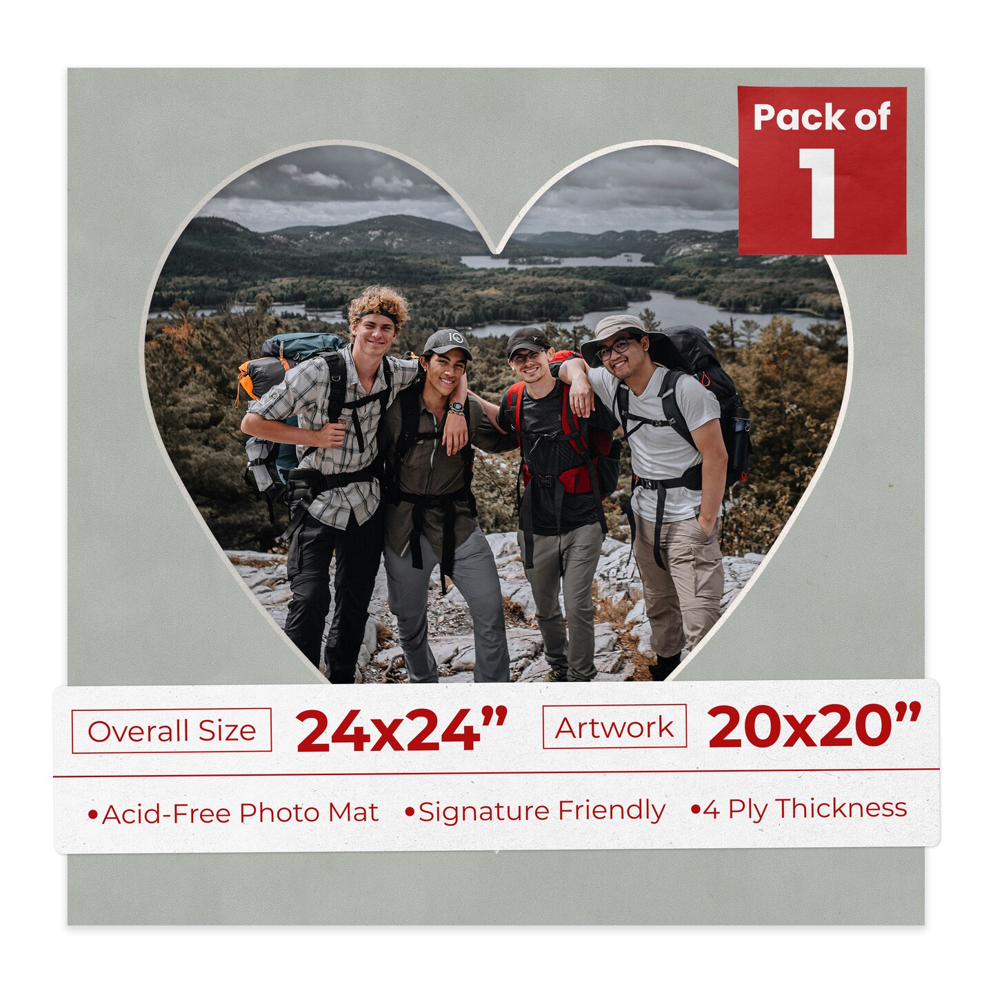 Light Grey Suede Mat Board for 24x24 Frames - Heart Opening for 20x20 Photos