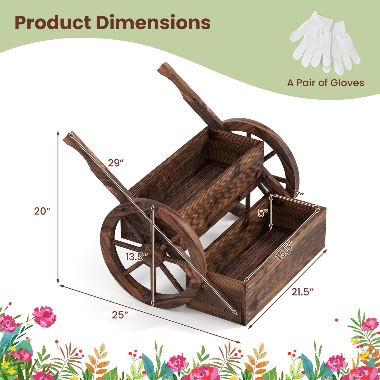2-Tier Wooden Wagon Garden Planter with Drainage Holes and Semi-Wheels