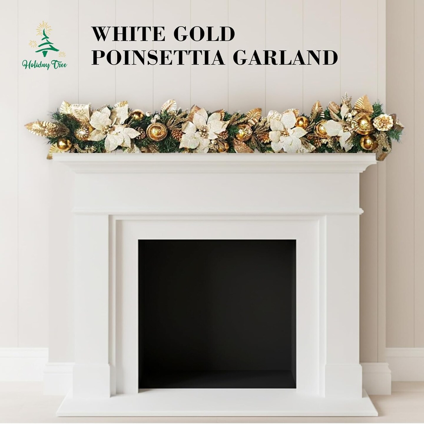 White Gold Poinsettia Garland - Handcrafted Christmas Garland - Holiday Tree