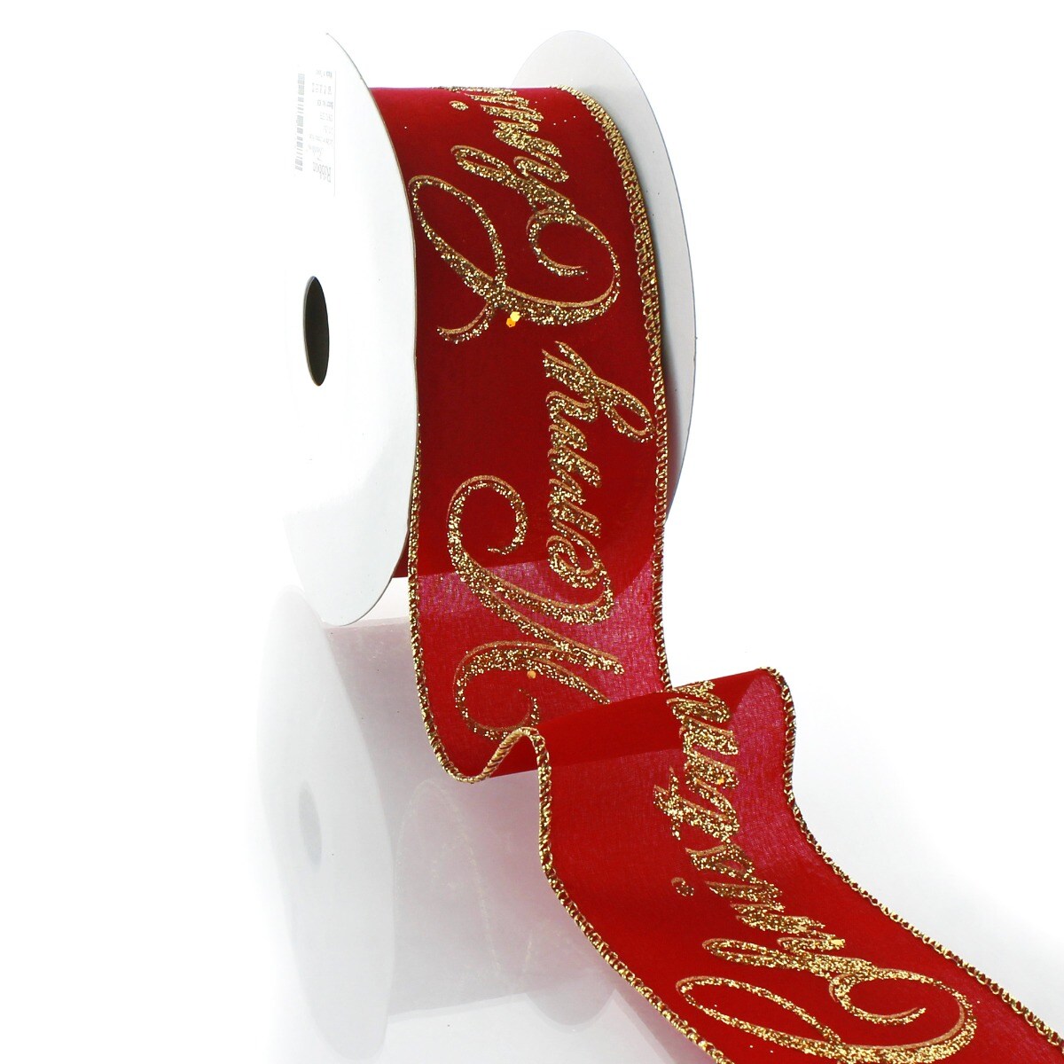 2 1/2&#x22; Wired Ribbon Gold Glitter Merry Christmas Red - 10 Yards