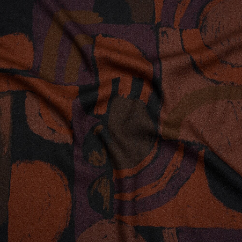 1 Yard Painted Play Viscose Crepe Fabric Burgundy Aubergine Black Painted Shapes Width 55 Inches