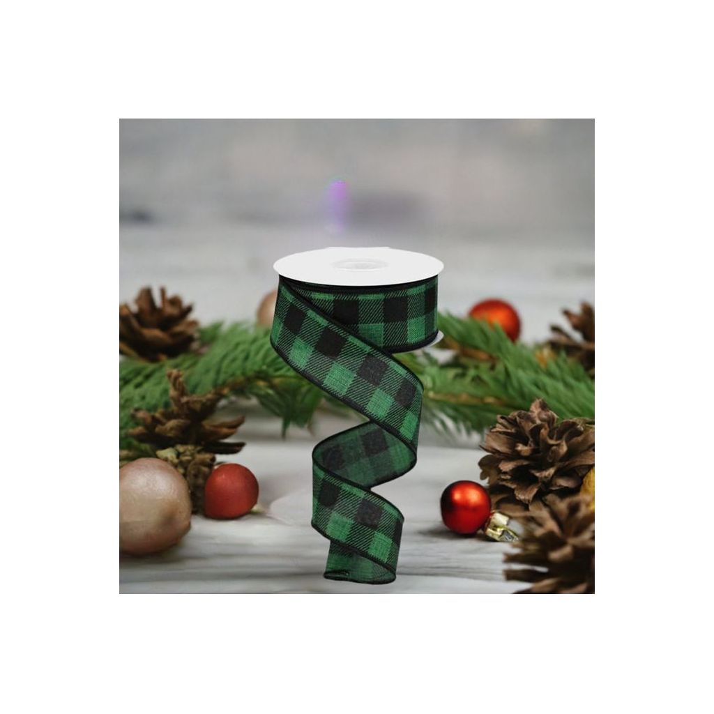 1.5&#x22; Printed Plaid Check Ribbon: Emerald Green (10 Yards)