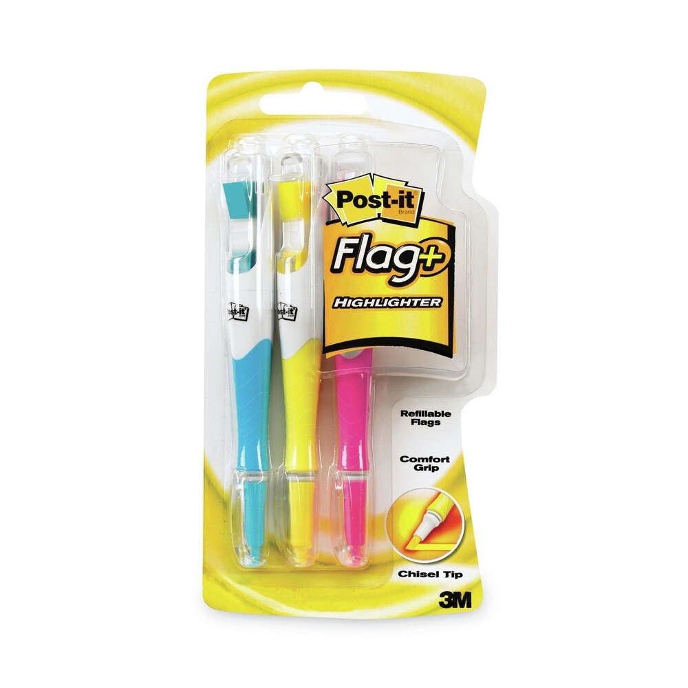 Post-it FlagPlus Chisel Tip Highlighter - Assorted Ink/Flag/Barrel Colors (3/Pack)