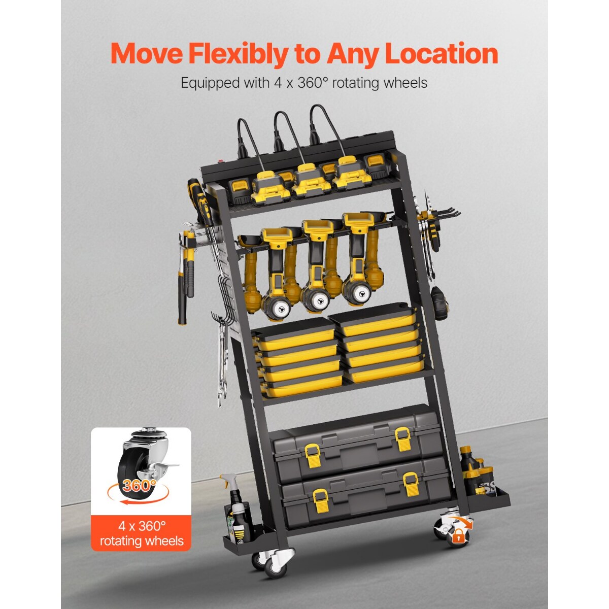 4-Tier Metal Tool Organizer Cart with Charging Station Pegboard and Wheels for Garage Storage