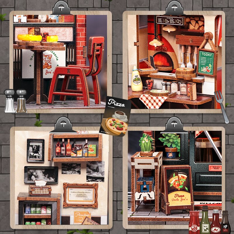 Uncle Joe&#x27;s Pizzeria Dollhouse Kit - Miniature Wizardi Roombox Kit with LED Light F07M51-92-CWGC210