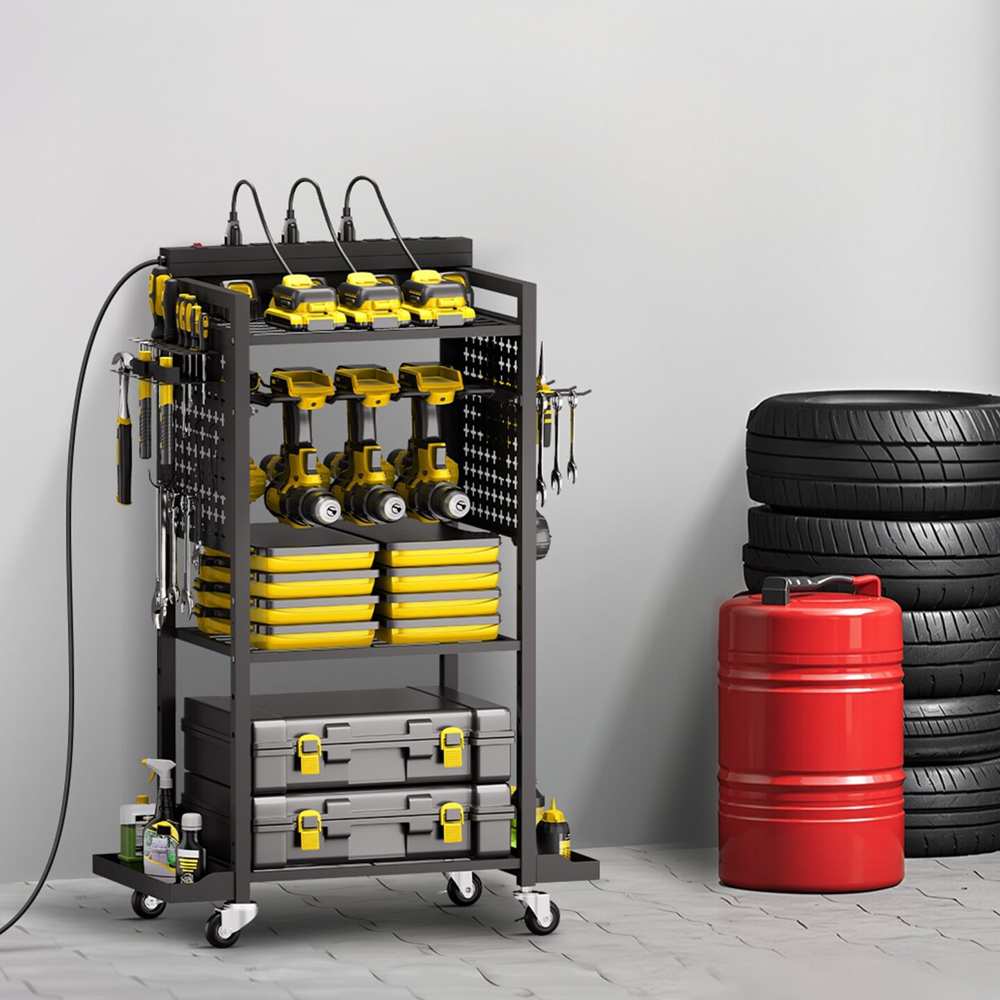 4-Tier Metal Tool Organizer Cart with Charging Station Pegboard and Wheels for Garage Storage