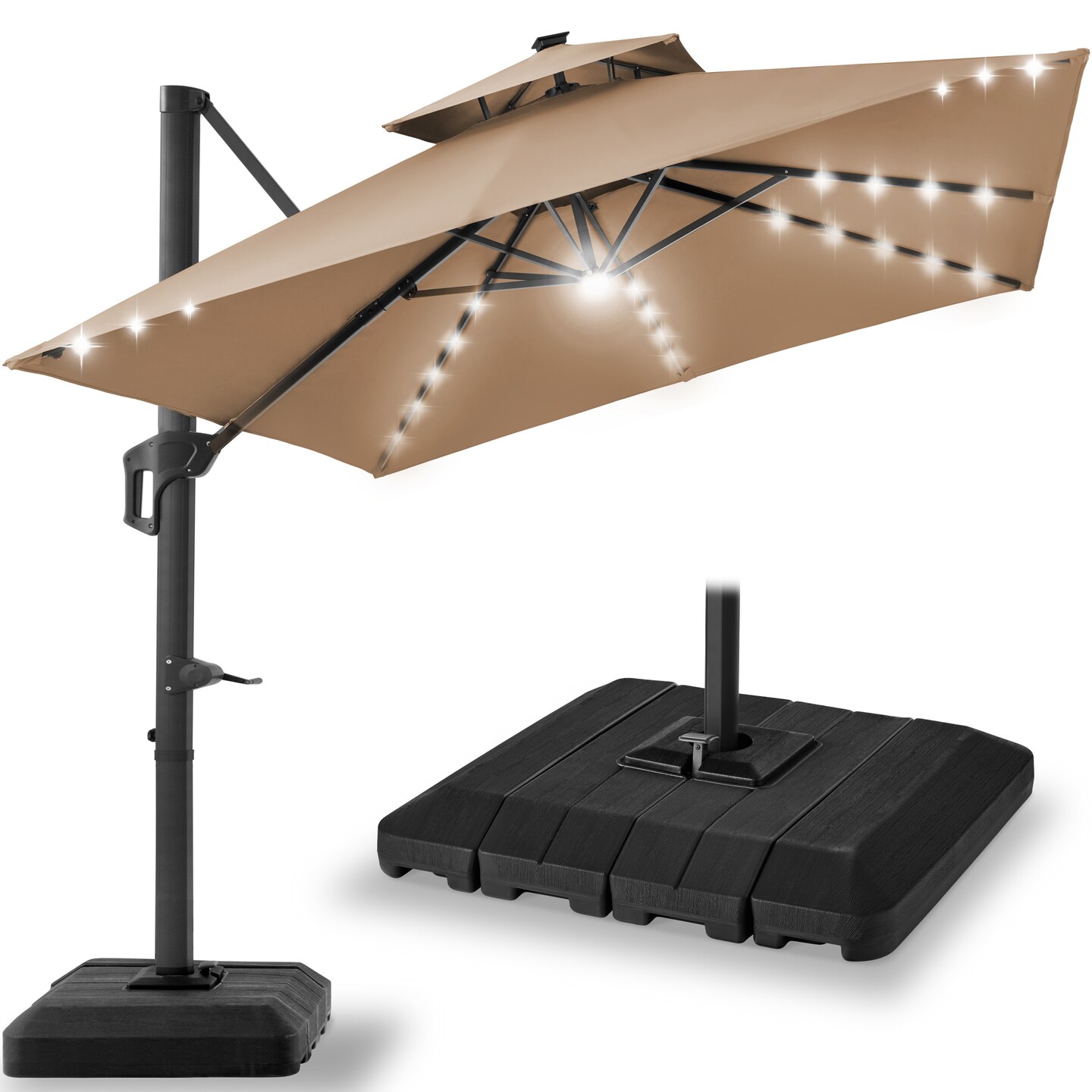 buy patio umbrella sale Ainfox 9ft Patio Umbrella with Lights 2-Tier Outdoor Umbrella with Base Red