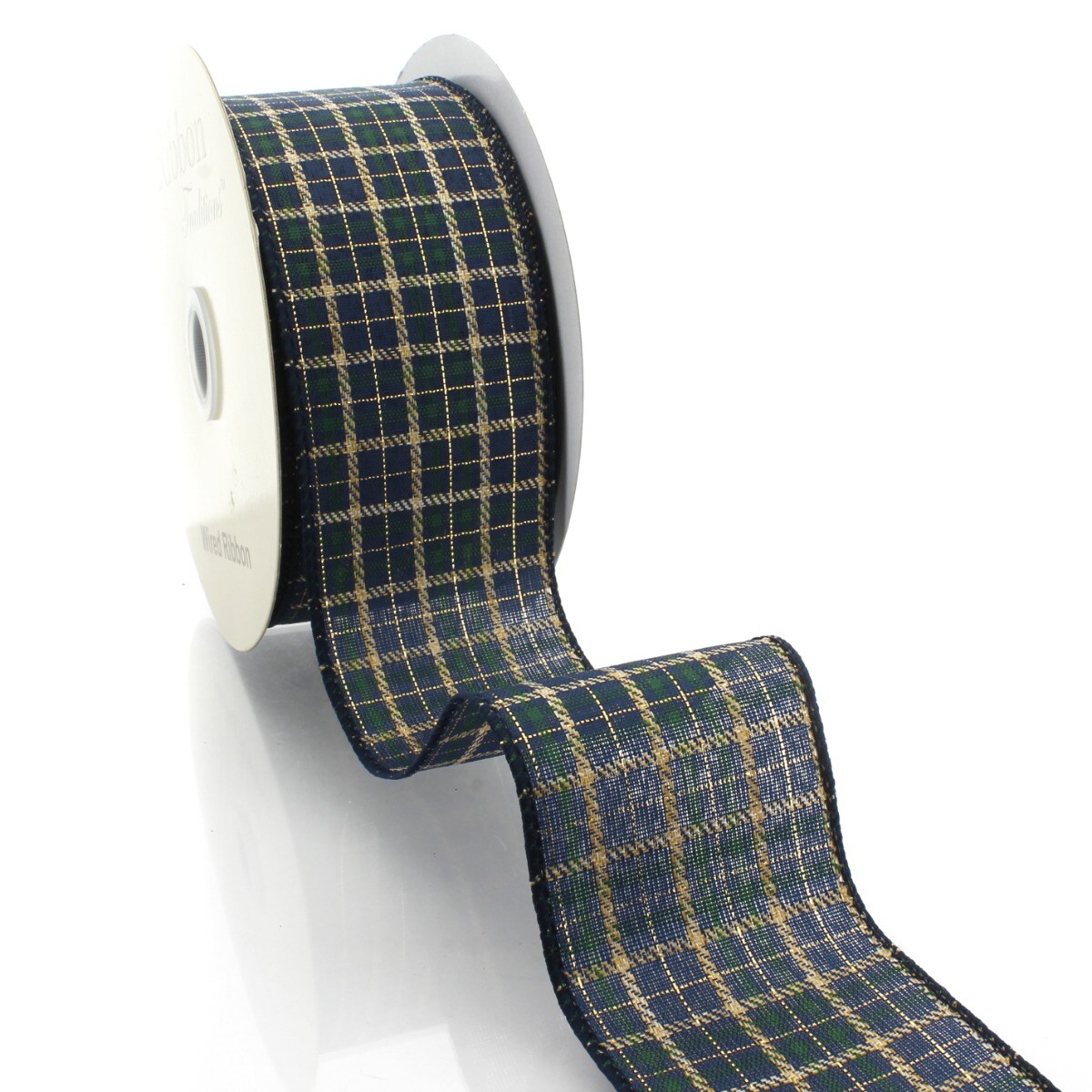 2 1/2&#x22; Wired Ribbon Navy/Emerald Green Tartan Plaid 10 Yards