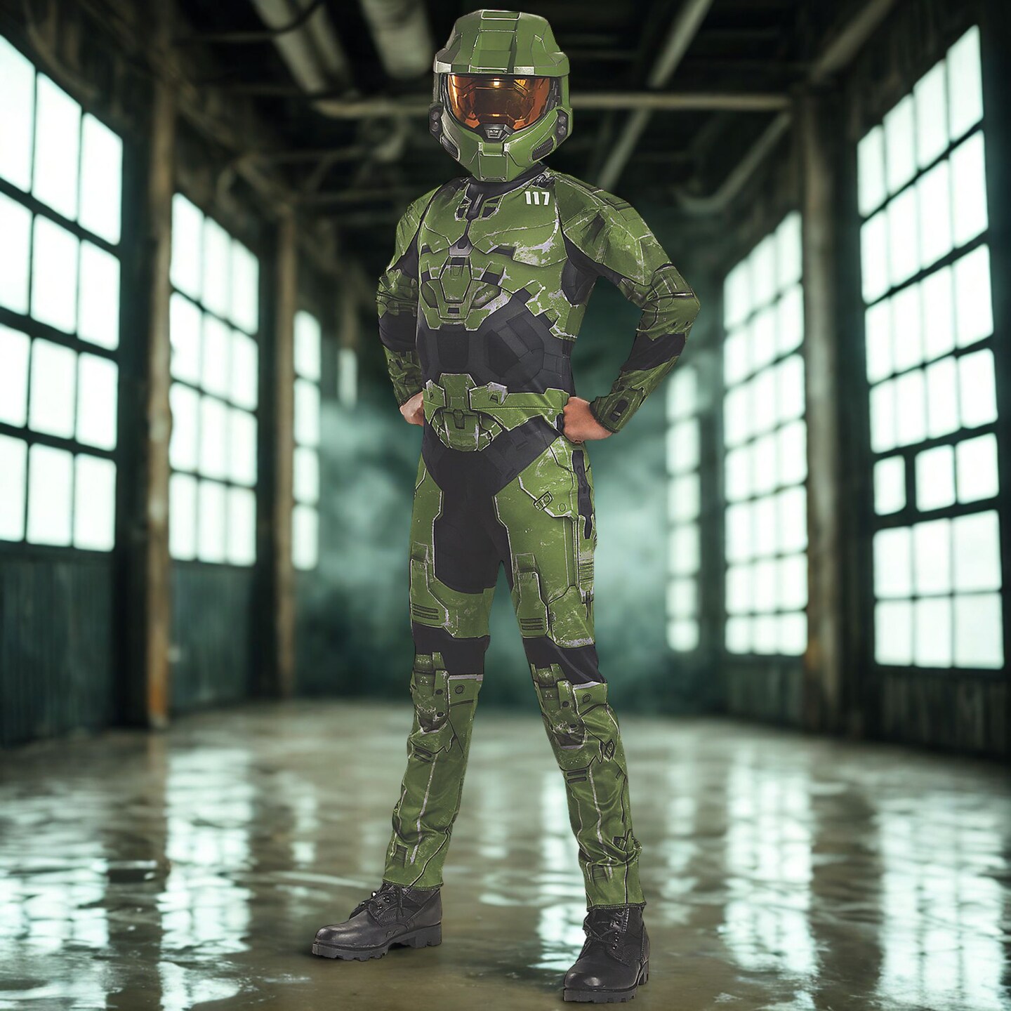 Master Chief Infinite Classic Costume Green Jumpsuit and Half Mask Outfit