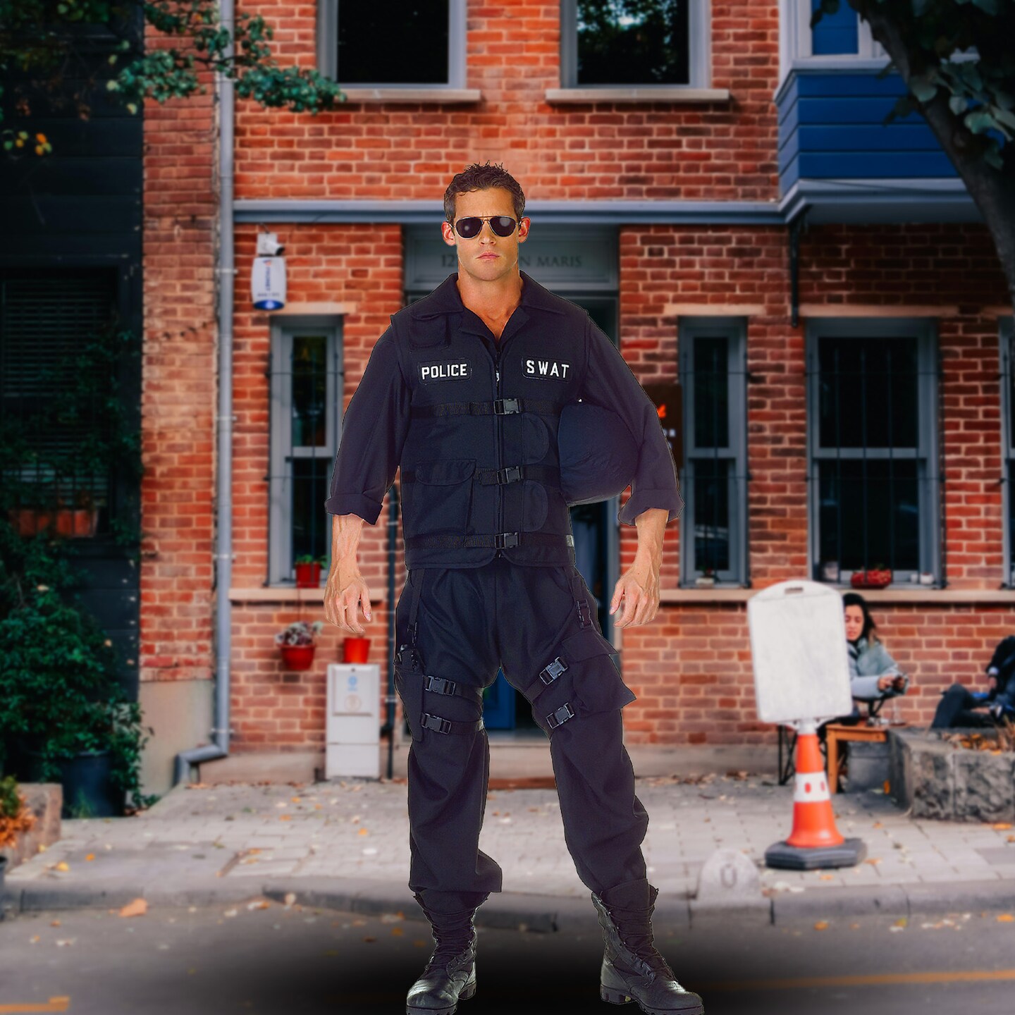 Men&#x27;s SWAT Team Costume with Jumpsuit Vest Holster and Helmet for Halloween