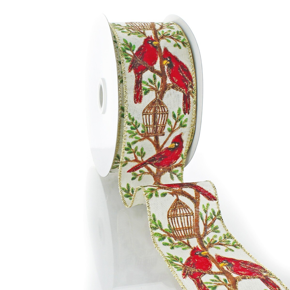 2 1/2" Wired Ribbon Red Cardinal Birdhouse on Cream - 25 Yards