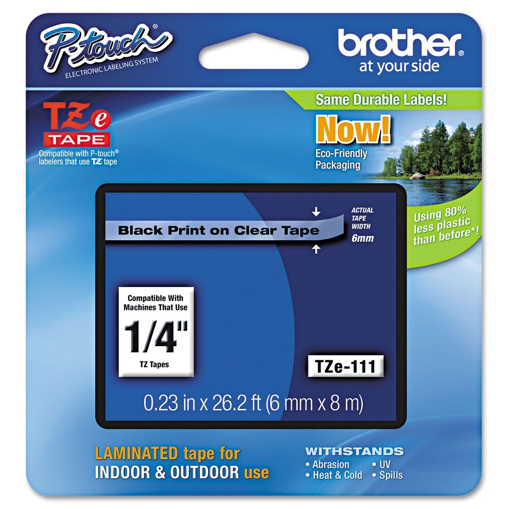 Brother P-Touch 0.23 in. x 26.2 ft. TZe Standard Adhesive Laminated Labeling Tape - Black on Clear
