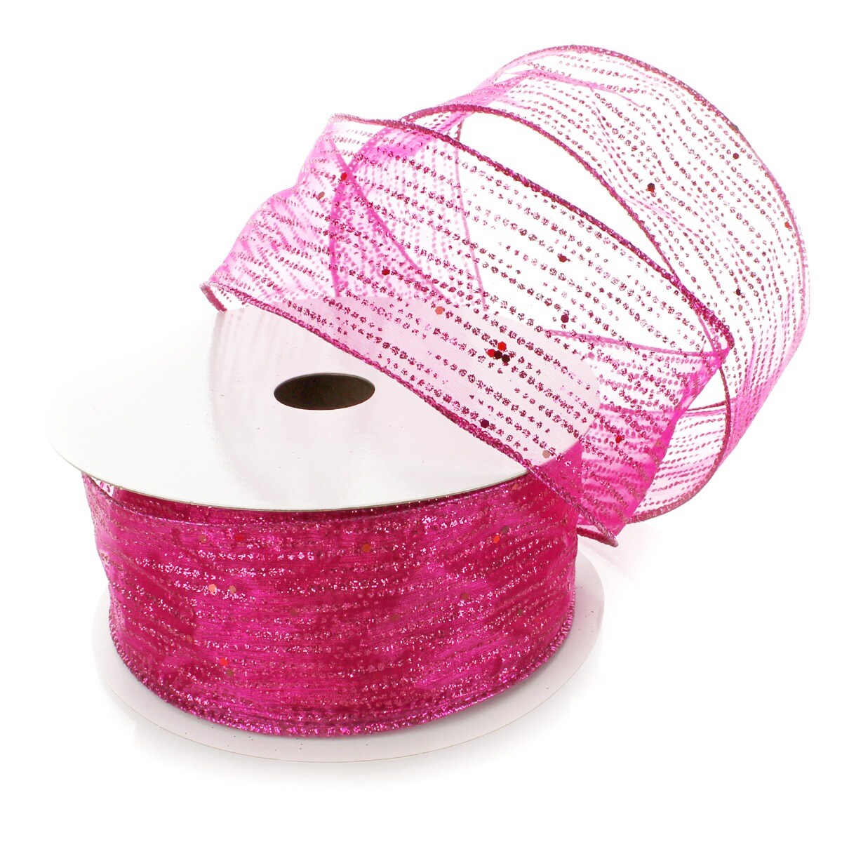 2 1/2&#x22; Wired Ribbon Horizontal Glitter/Sequin Stripes Sheer Hot Pink - 10 Yards