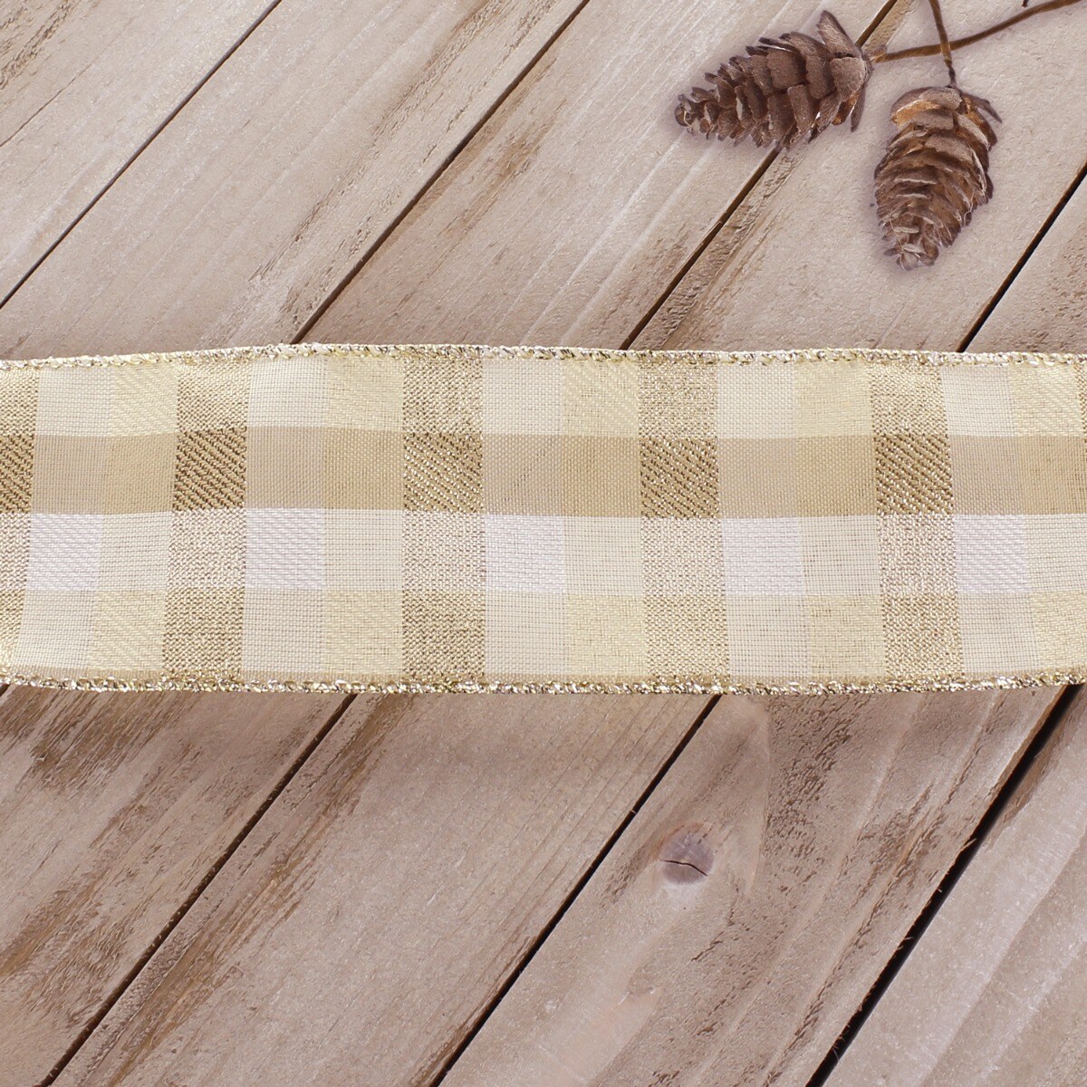 2 1/2&#x22; Wired Ribbon Cream/Gold Shimmer Plaid 10 Yards