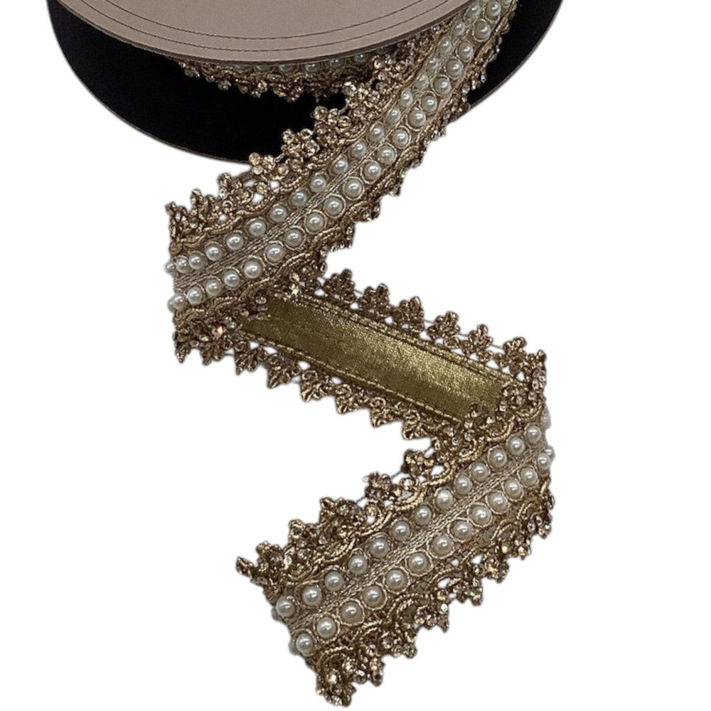1.75&#x22; x 5yds Gold Luxury Wired Ribbon - Metallic Jewel Pearl Countess Trim
