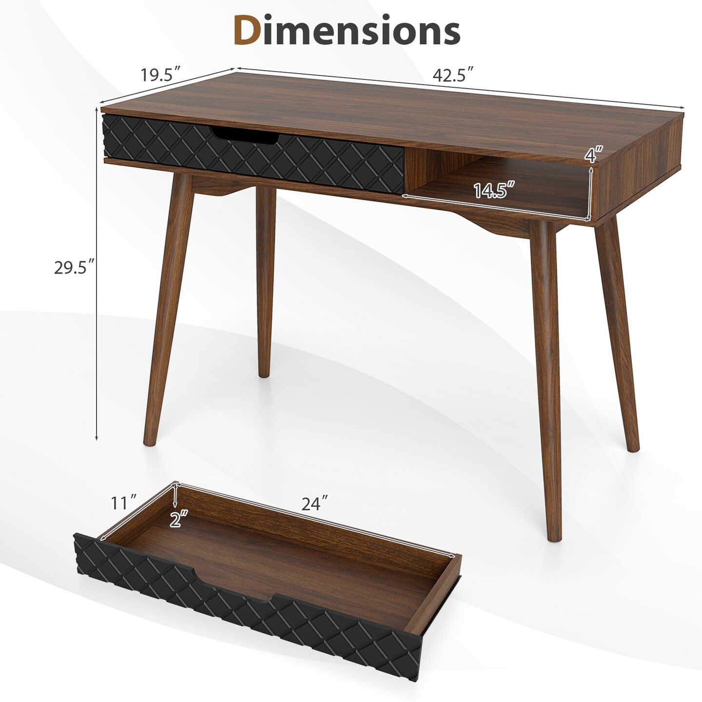 Mid-Century Desk With Drawer Open Shelf Solid Wood Legs For Work Study