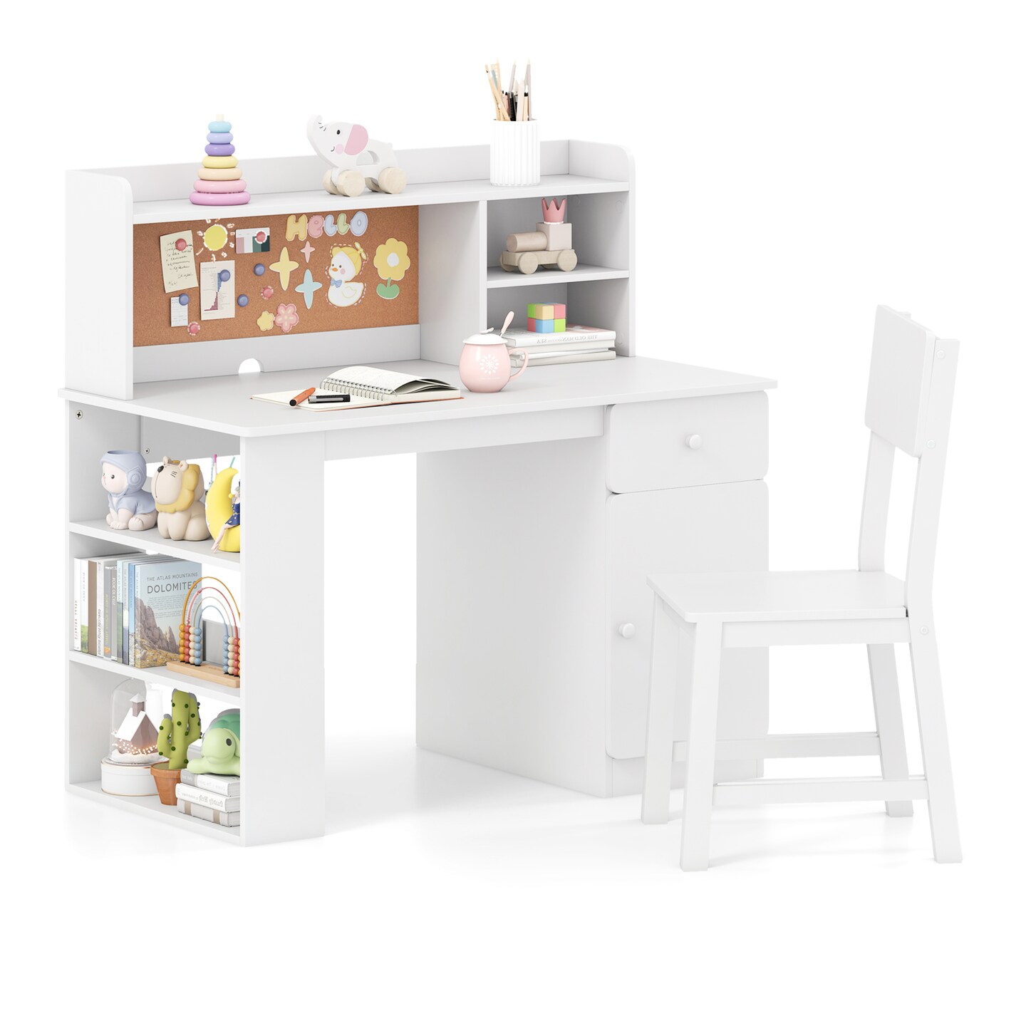 Kids Study Desk Set With Chair Hutch 3-Tier Side Shelf Writing Drawing Table
