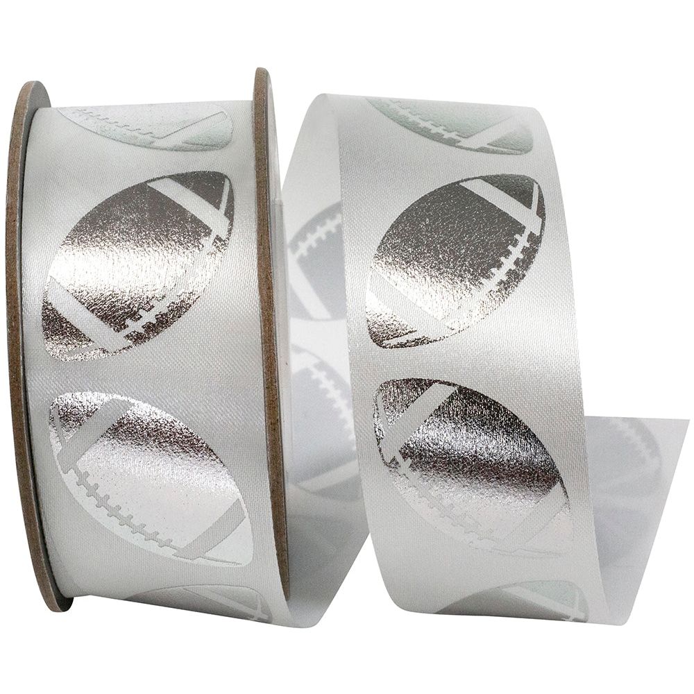 1 3/8 in Homecoming Football Ribbon: White/Silver (25 Yards)