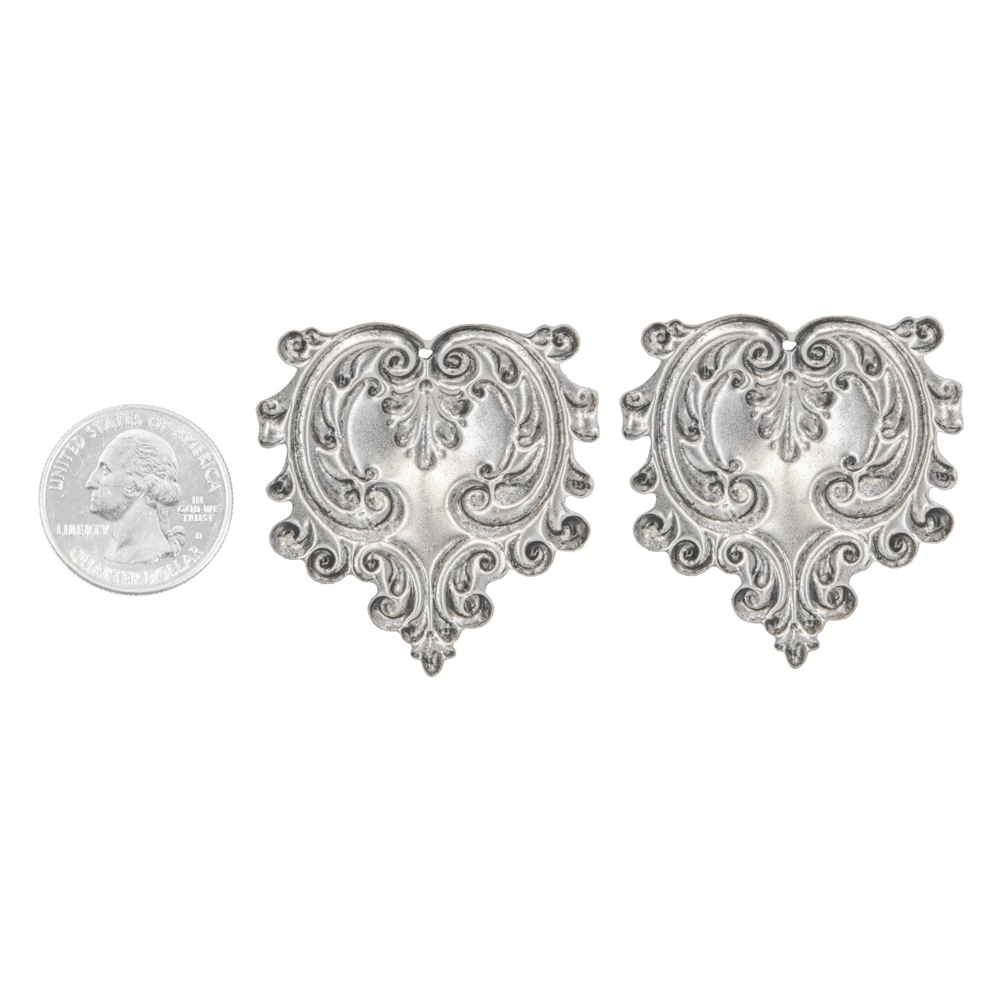 Antiqued Pewter Plated Brass Vintage Style Ruffled Heart Pendants - Set of Two P-P43
