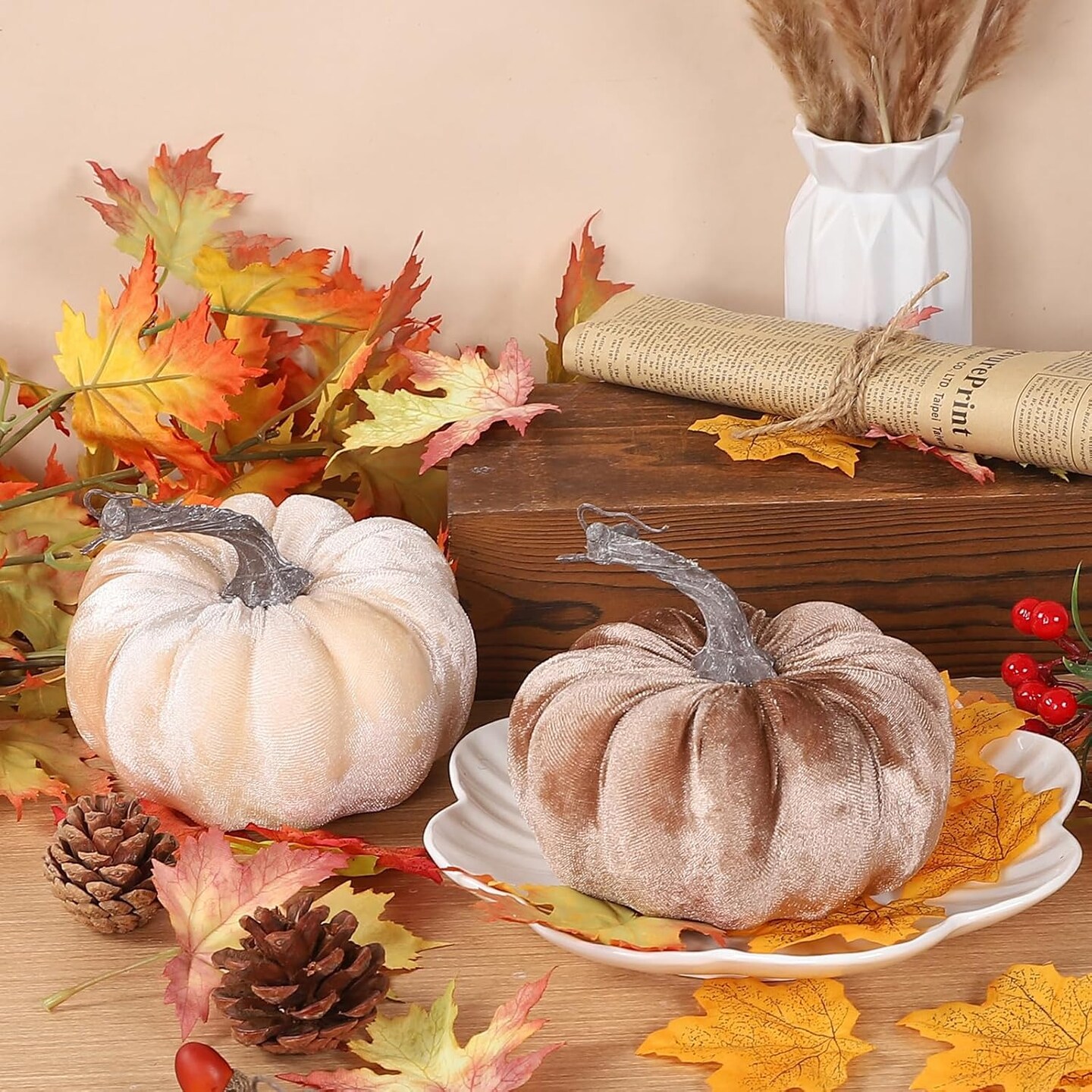 2pcs Velvet Fake Pumpkins Fall Harvest (Beige Coffee)