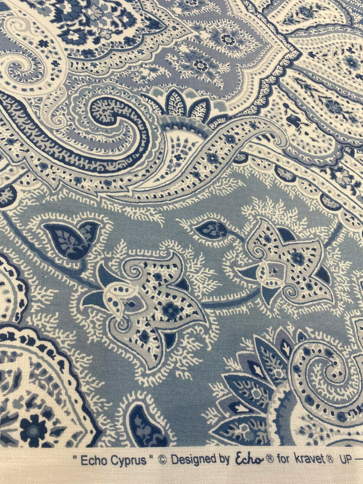 1 Yard Cyprus Blue and White Damask Linen Upholstery and Drapery Fabric 55 inch Width