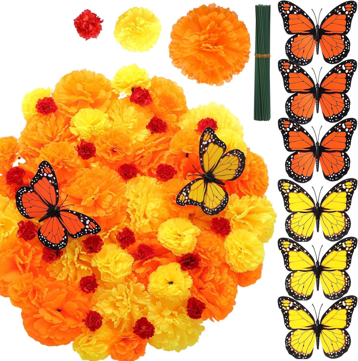 90 Pcs Day of The Dead Decorations Marigold Flower (Red, Yellow, Orange) 11.02&#x22;D x 11.02&#x22;W x 1.57&#x22;H