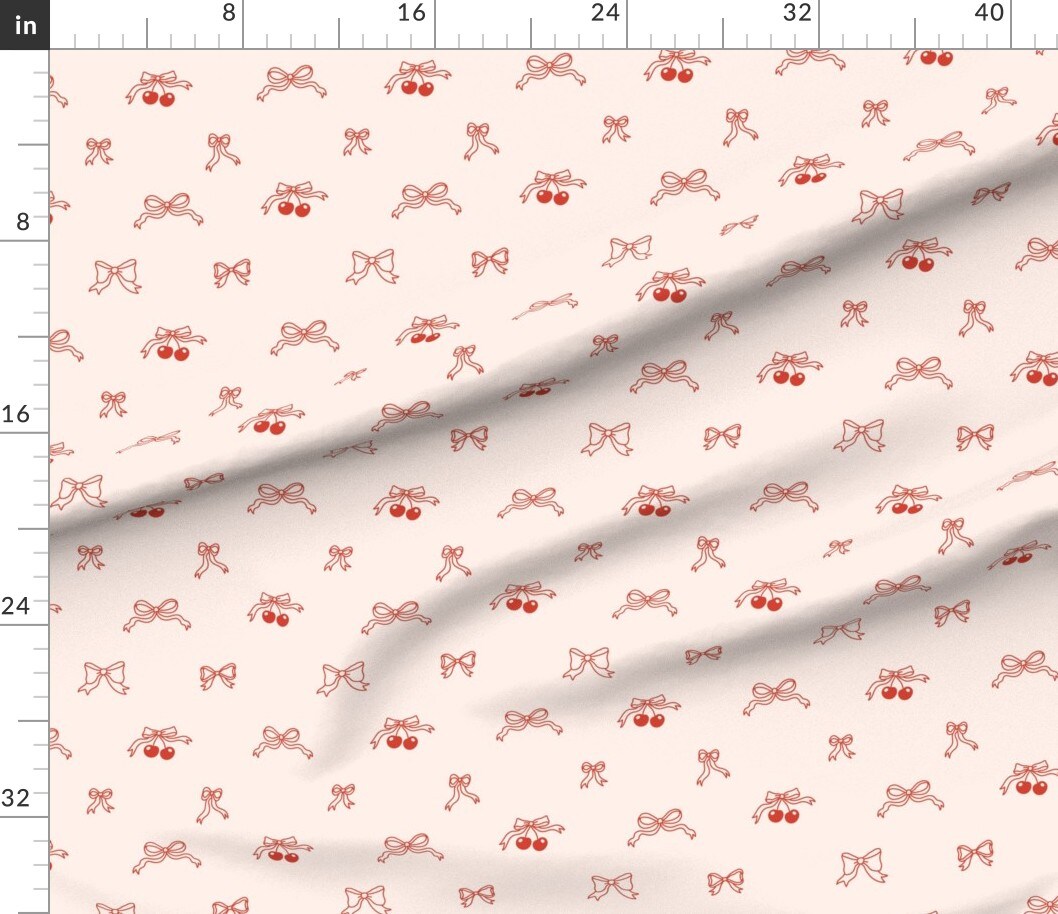 Vintage Hand Drawn Ribbon Bow Cherries Y2K Cottagecore Custom Printed Fabric by Spoonflower Various Fabrics by the Yard or Fat Quarter