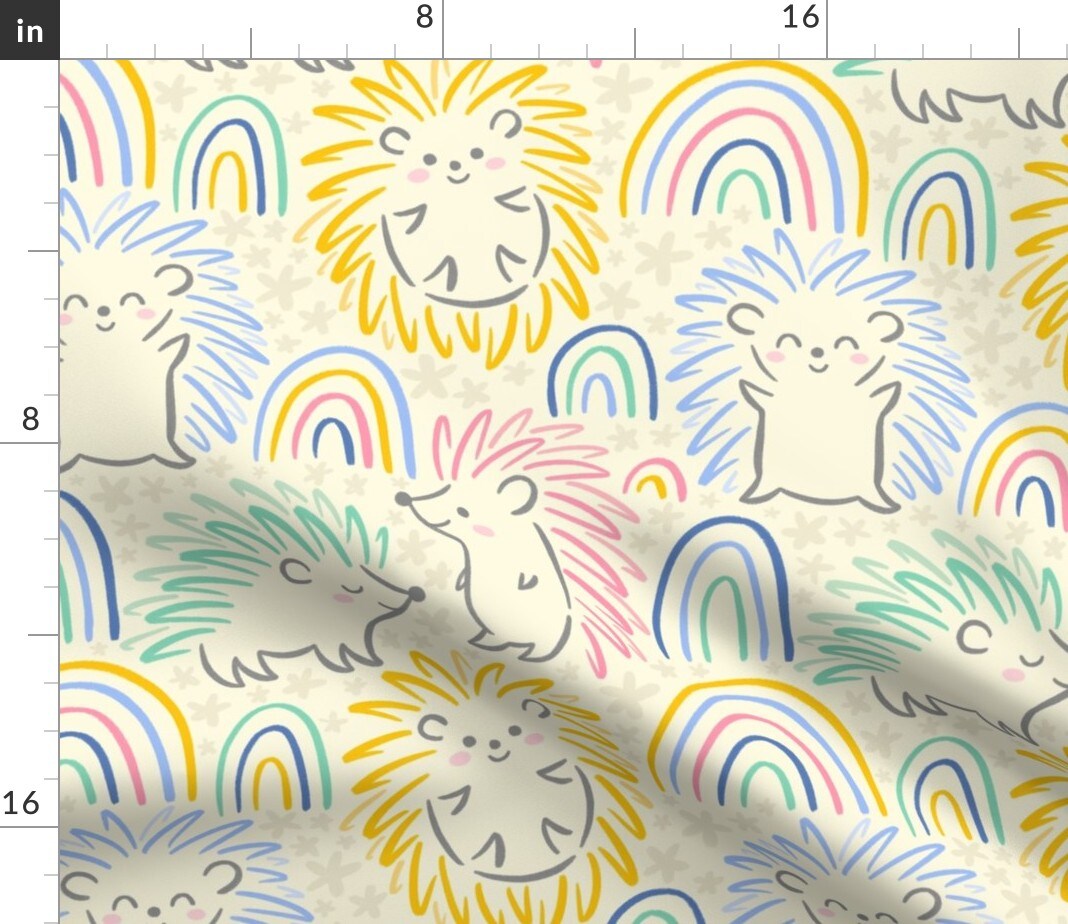 Cute Woodland Pastel Cartoon Hedgehog Rainbow Yellow Pink Blue Green Doodle Custom Printed Fabric by Spoonflower Various Fabrics by the Yard or Fat Quarter