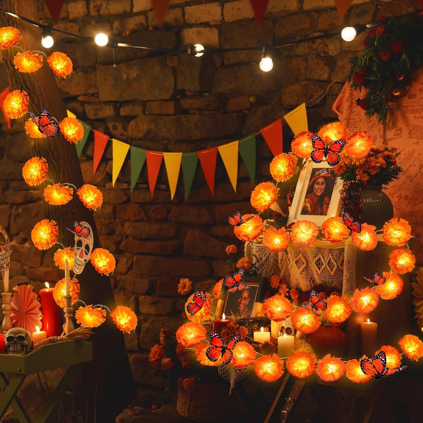 10 Ft 20 LED Marigold Garland with 30 Artificial Marigold Flowers and 12 Butterflies