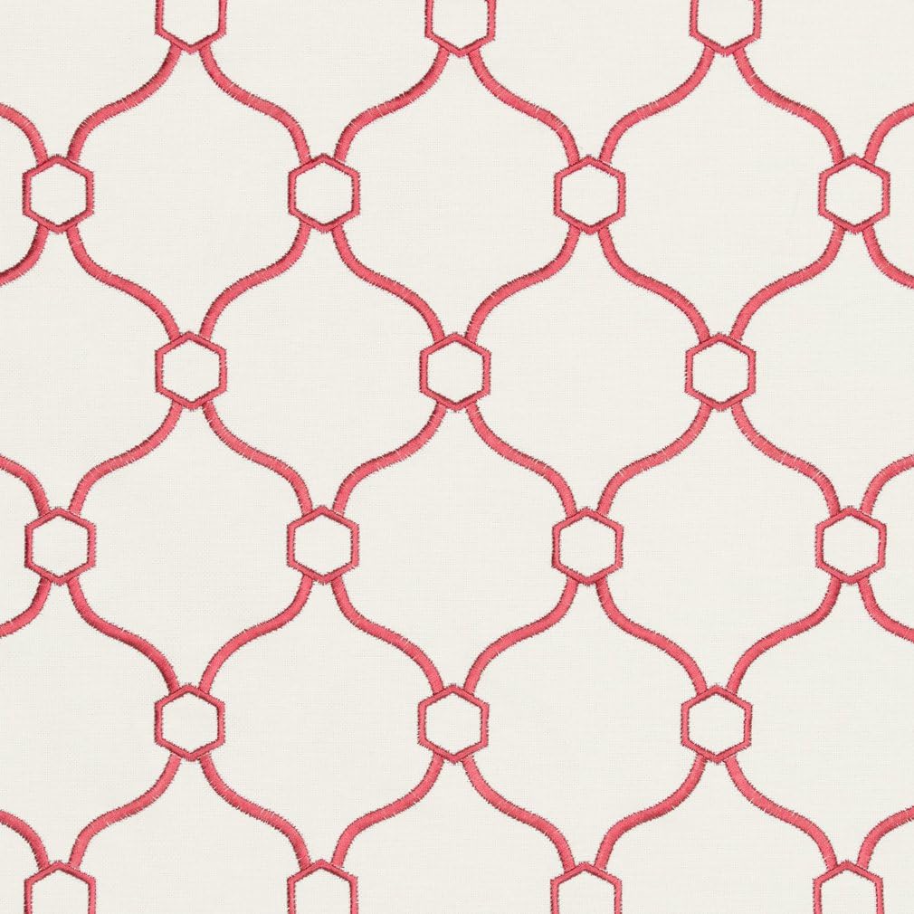 Pink Embroidery Geometric Woven Pattern Upholstery Fabric by The Yard - SKU: Barwick Coral