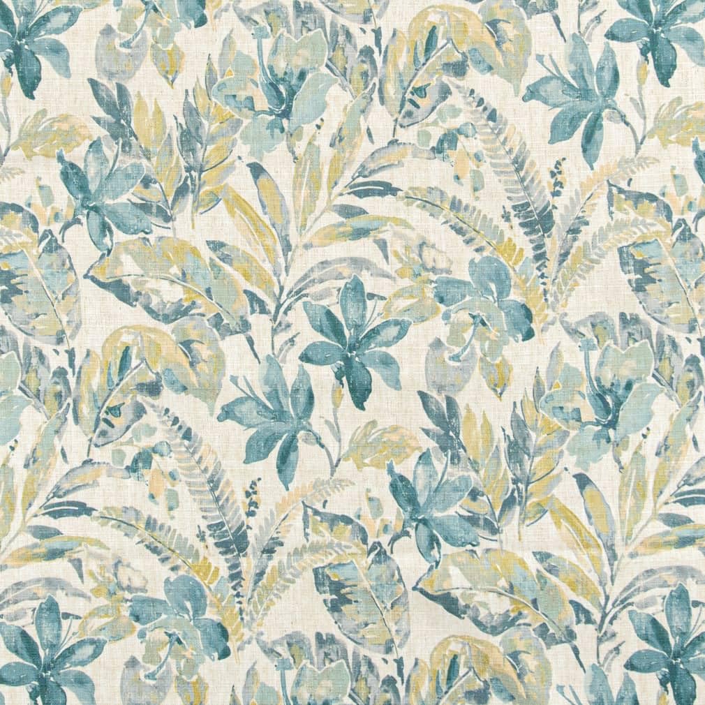 Aqua Stain Resistant Performance Pet Friendly Floral Botanical Linen Look Print Upholstery Fabric by The Yard - SKU: Brixton Mist