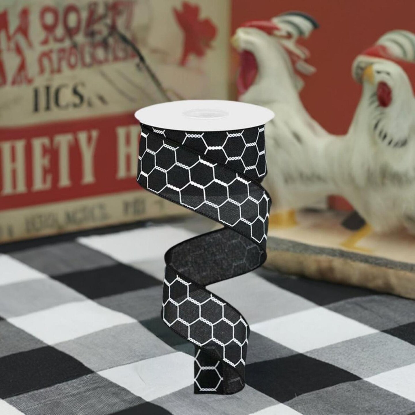1.5" Chicken Wire Royal Ribbon: Black/White (10 Yards)